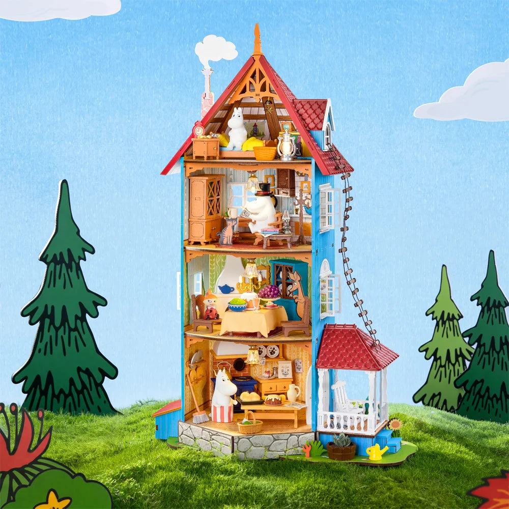 Rolife Moominhouse four-storey miniature house displayed in a colourful Moominvalley setting with blue walls, red roof and detailed family interiors
