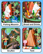 Rolife Moomintroll's Forest Camp detail collage featuring fishing Moomintroll, picnic food and drinks, Snufkin and the miniature camping tent