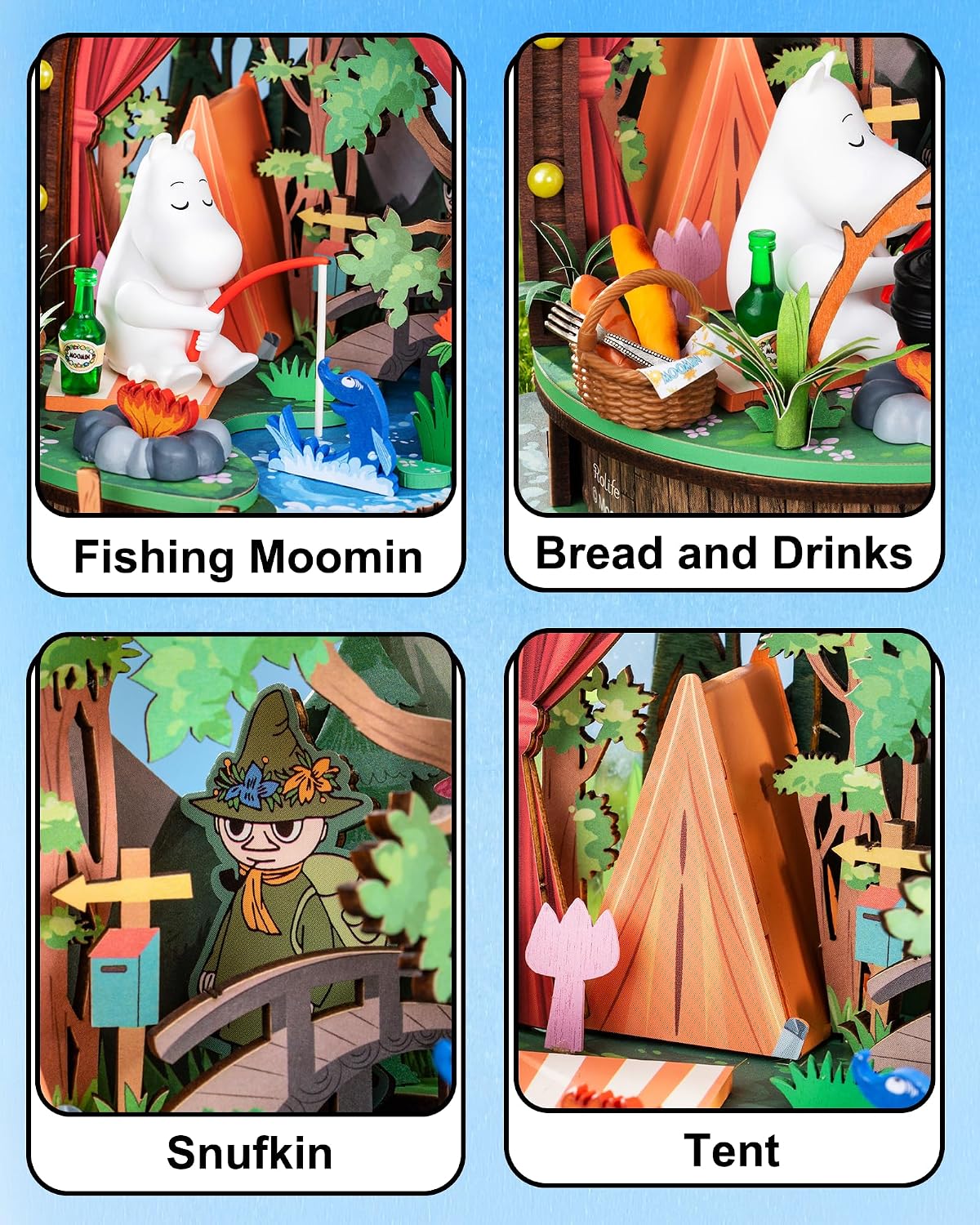 Rolife Moomintroll's Forest Camp detail collage featuring fishing Moomintroll, picnic food and drinks, Snufkin and the miniature camping tent