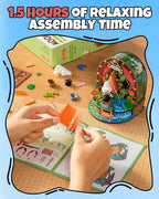 Rolife Moomintroll's Forest Camp DIY miniature kit being assembled by hand with illustrated instructions and individual camping scene components