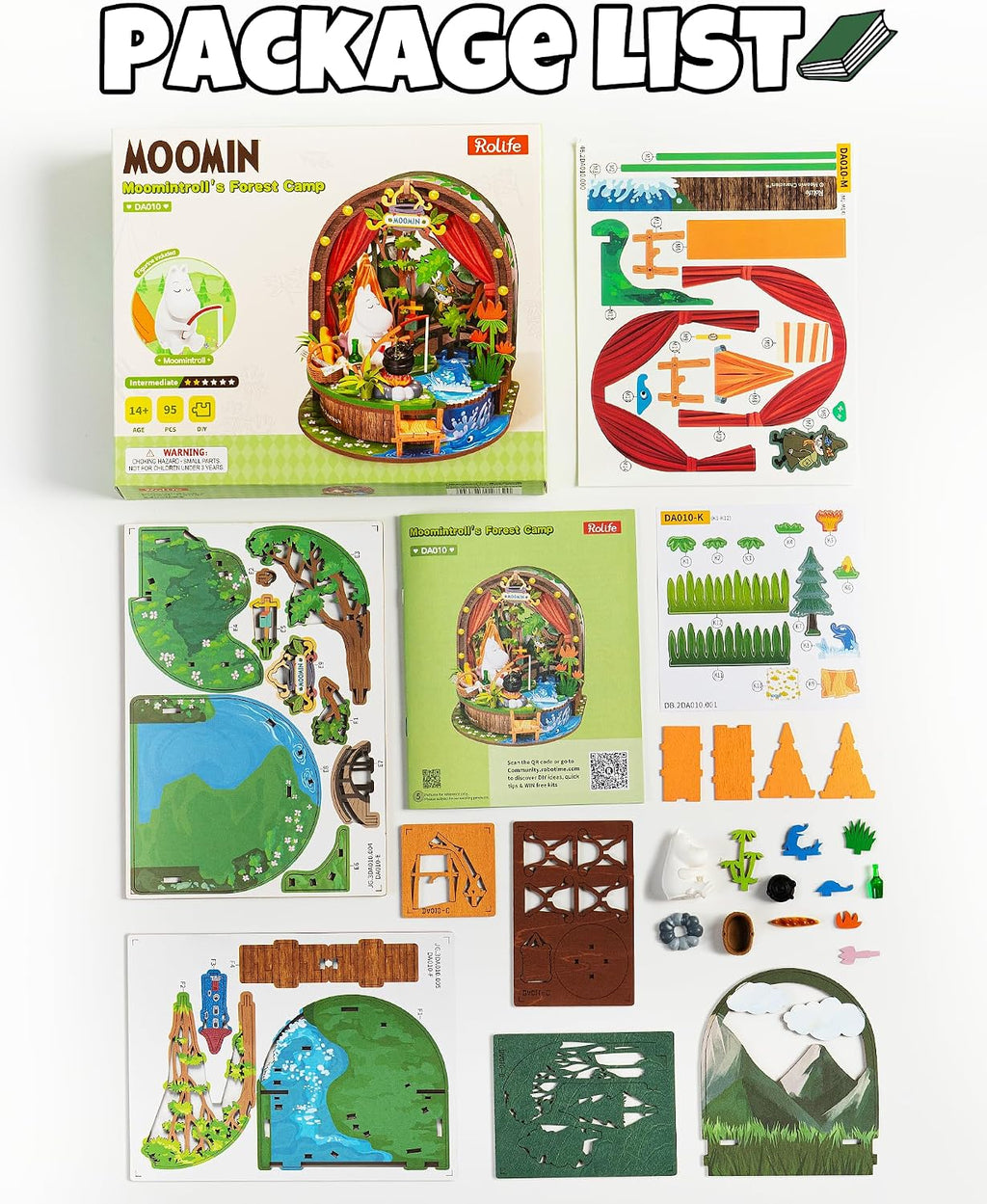 Rolife Moomintroll's Forest Camp DA010 kit contents including printed assembly sheets, miniature characters, tent pieces, trees, river base and camping accessories