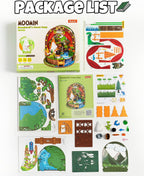 Rolife Moomintroll's Forest Camp DA010 kit contents including printed assembly sheets, miniature characters, tent pieces, trees, river base and camping accessories