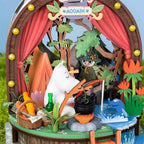 Rolife Moomintroll's Forest Camp close-up showing Moomintroll fishing, Snufkin by the bridge, a cooking pot, picnic basket and blue river