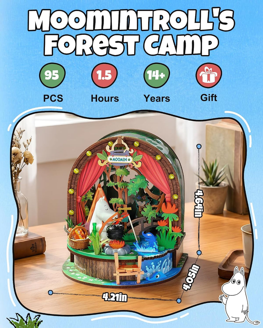 Rolife Moomintroll's Forest Camp miniature house kit with 95 pieces, 1.5 hours of assembly time and compact finished dimensions