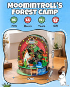 Rolife Moomintroll's Forest Camp miniature house kit with 95 pieces, 1.5 hours of assembly time and compact finished dimensions