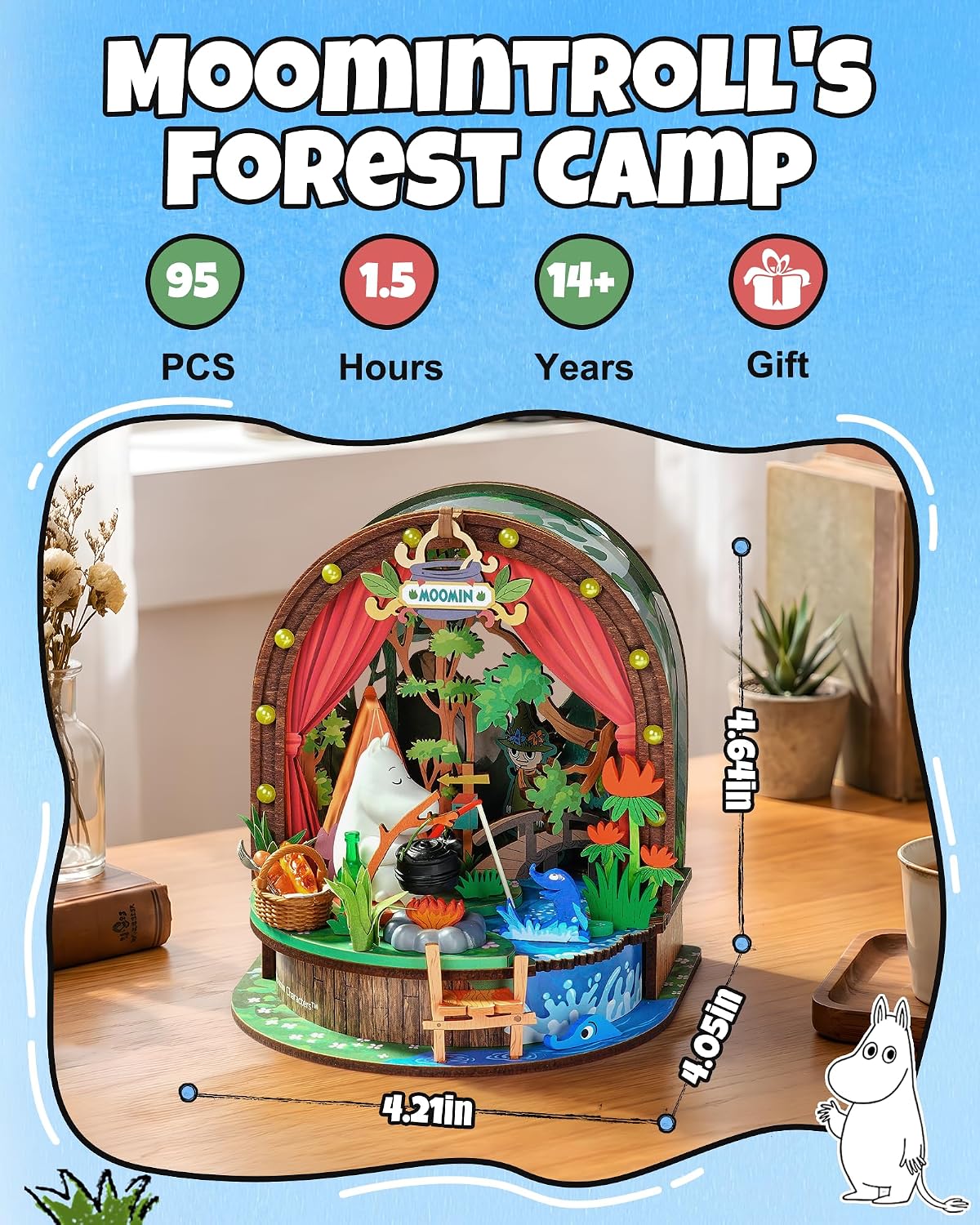 Rolife Moomintroll's Forest Camp miniature house kit with 95 pieces, 1.5 hours of assembly time and compact finished dimensions