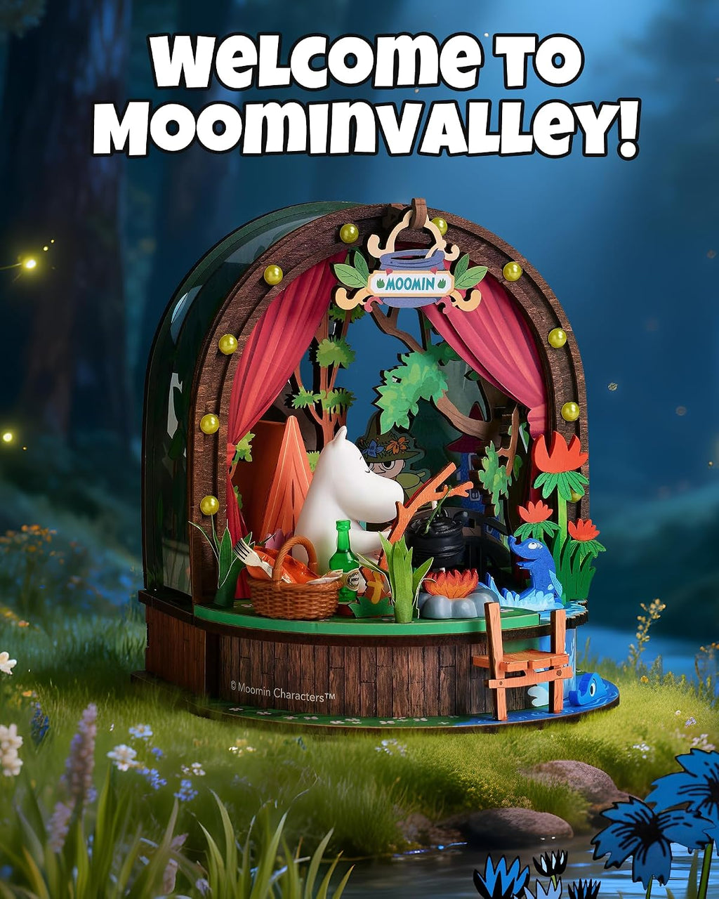 Rolife Moomintroll's Forest Camp miniature camping scene displayed in a magical woodland setting inspired by Moominvalley
