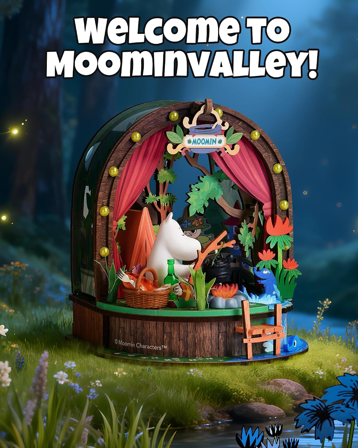 Rolife Moomintroll's Forest Camp miniature camping scene displayed in a magical woodland setting inspired by Moominvalley