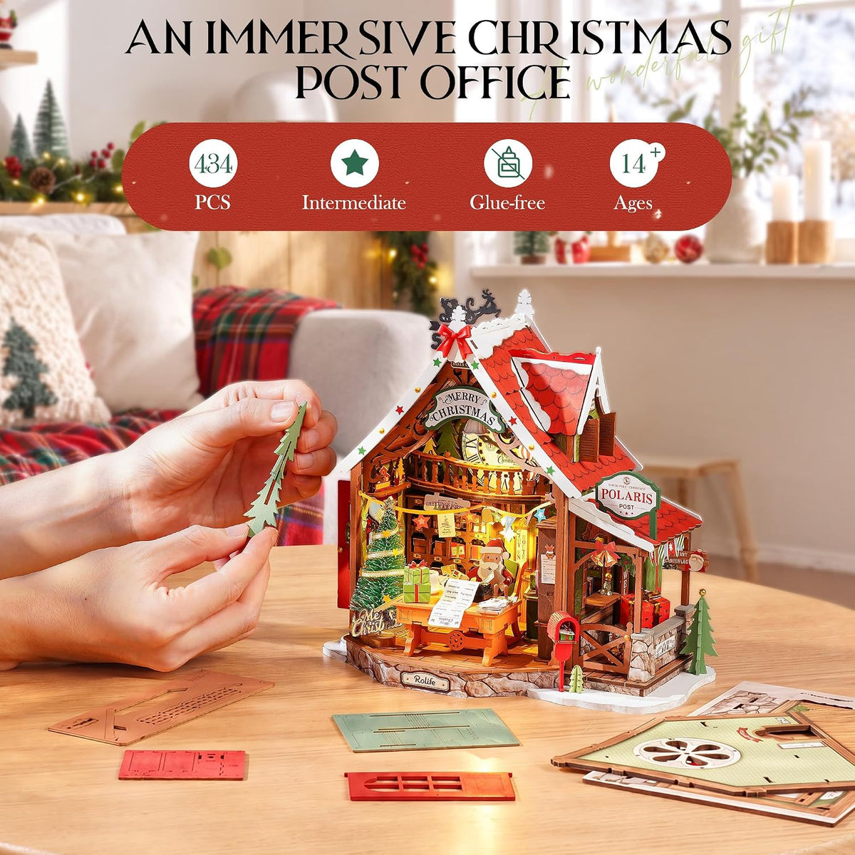 Rolife Polaris Post DIY miniature house kit featuring 434 pieces, intermediate difficulty, glue-free snap-fit construction and a recommended age of 14+