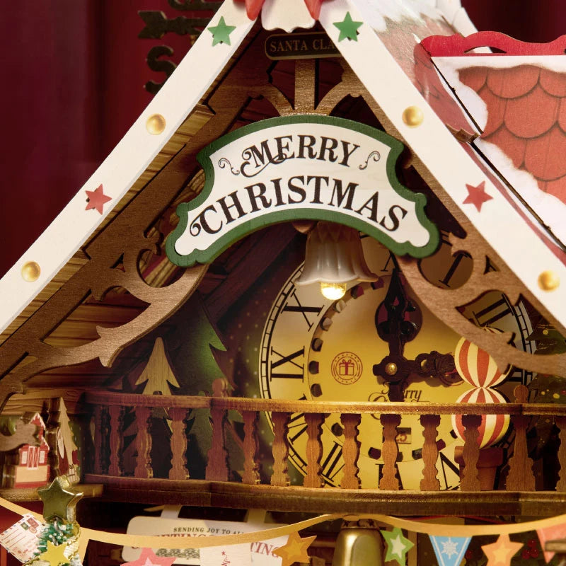 Rolife Polaris Post close-up of the Christmas countdown clock beneath the Merry Christmas sign and decorative wooden roof