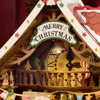 Rolife Polaris Post close-up of the Christmas countdown clock beneath the Merry Christmas sign and decorative wooden roof
