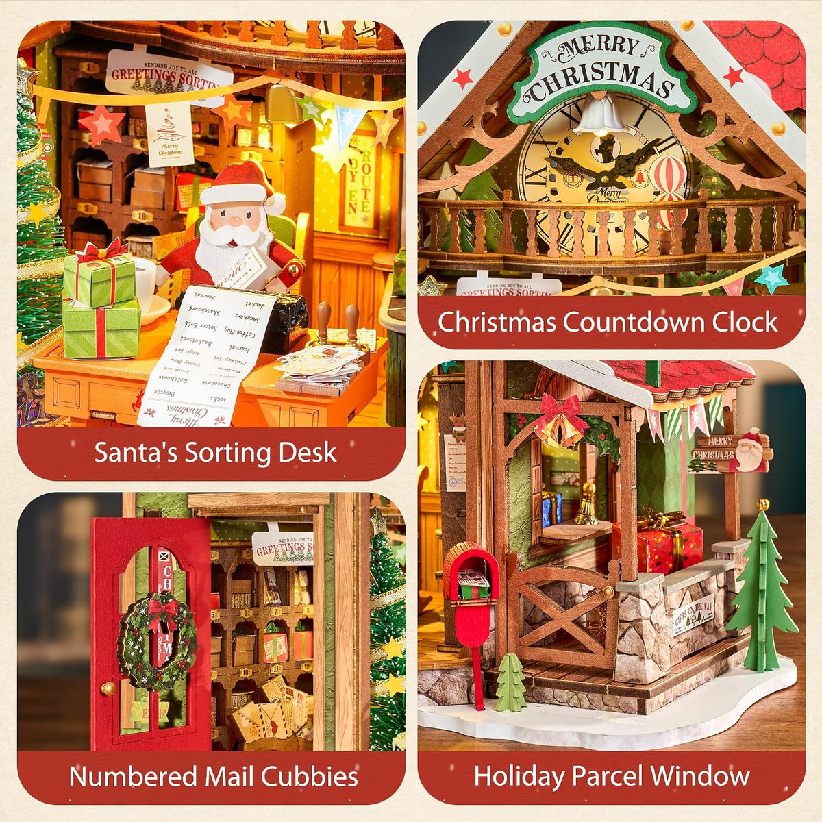 Rolife Polaris Post illuminated miniature Christmas post office displayed on a wooden table beside a snowy window and festive home decorations