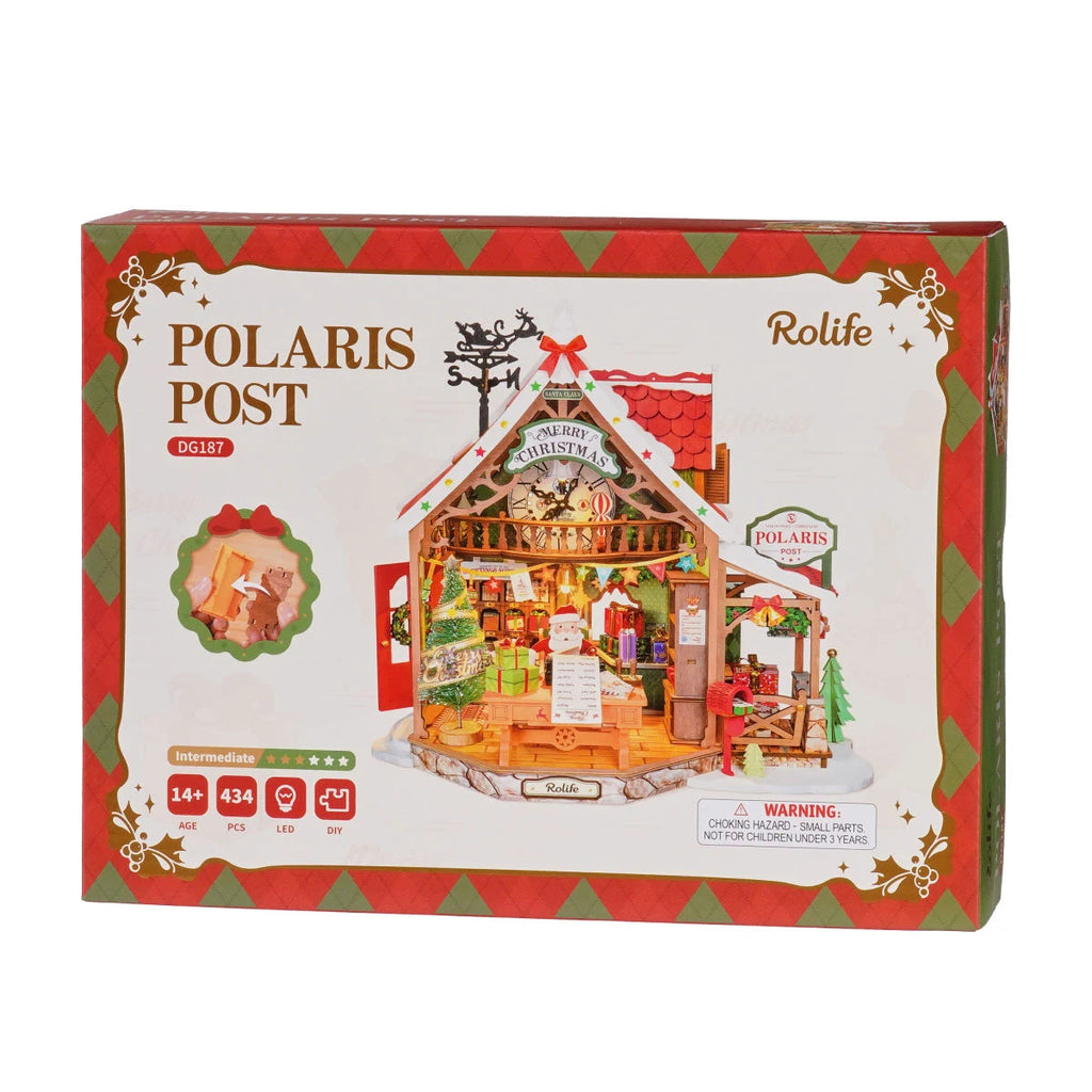 Rolife Polaris Post DG187 DIY miniature house kit packaging featuring the illuminated Christmas post office, 434 pieces, LED lighting and intermediate difficulty
