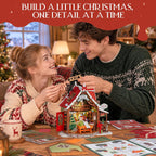 Couple assembling the Rolife Polaris Post DIY miniature house together with wooden components, illustrated instructions and festive decorations