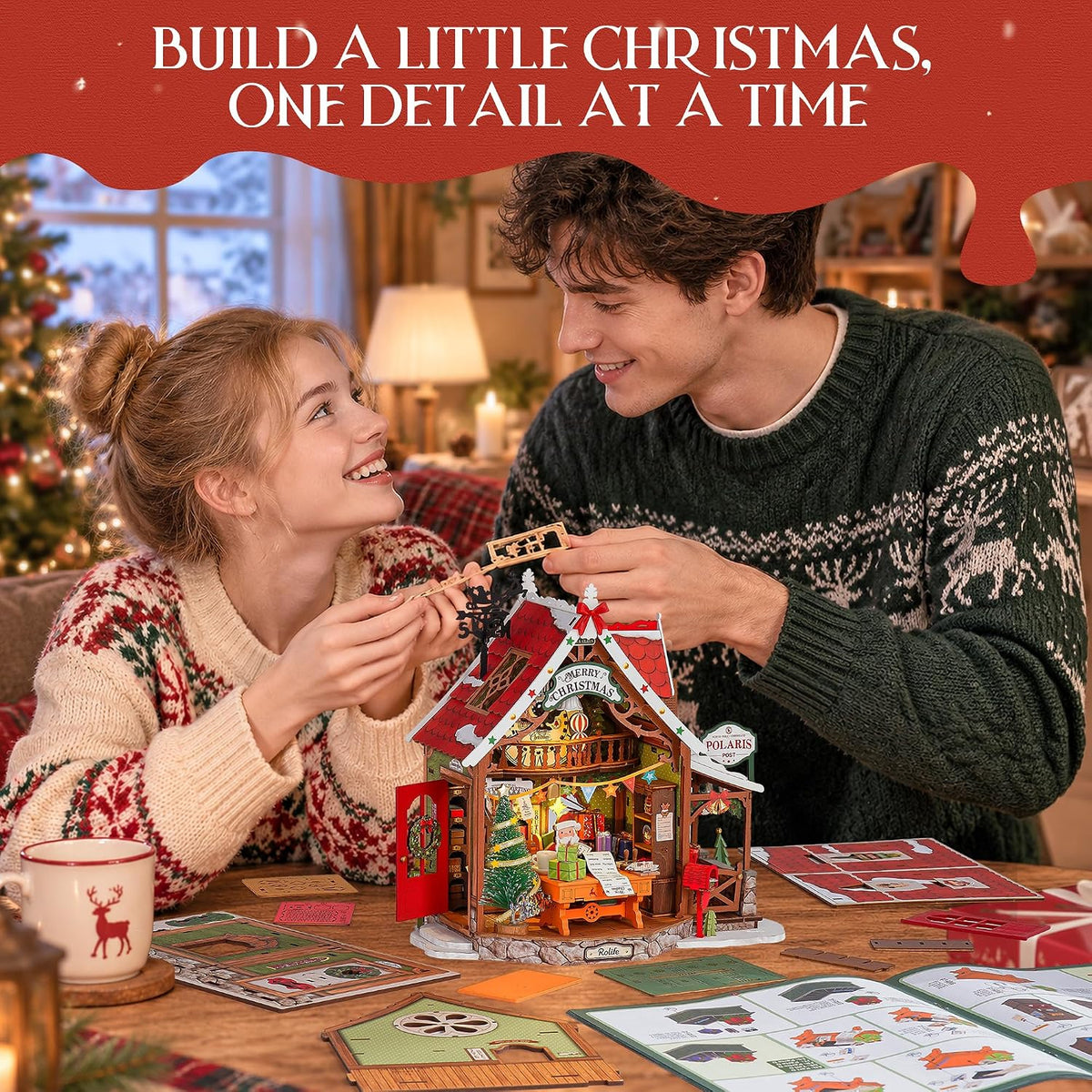 Couple assembling the Rolife Polaris Post DIY miniature house together with wooden components, illustrated instructions and festive decorations