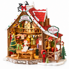 Rolife Polaris Post DIY miniature house kit featuring Santa's Christmas post office with a red roof, festive decorations, miniature gifts and warm LED lighting