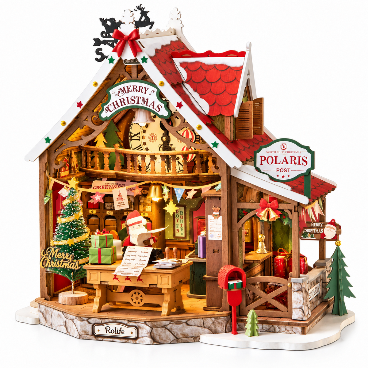 Rolife Polaris Post DIY miniature house kit featuring Santa's Christmas post office with a red roof, festive decorations, miniature gifts and warm LED lighting