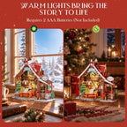 Rolife Polaris Post miniature house showing its warm LED lighting in daylight and evening settings, powered by two AAA batteries