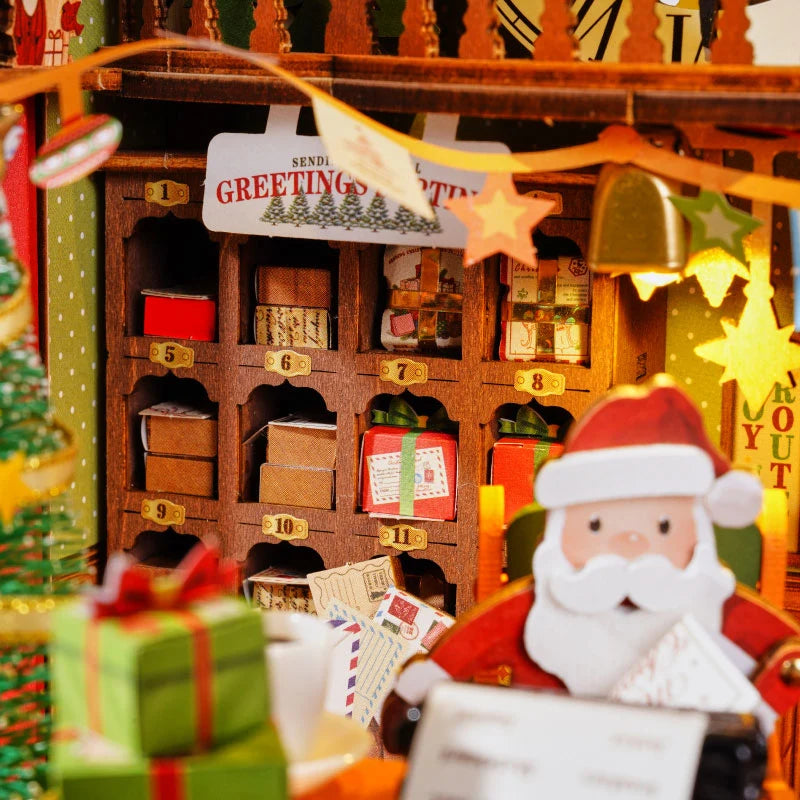 Rolife Polaris Post close-up showing numbered wooden mail cubbies filled with miniature parcels, letters and Christmas greeting cards