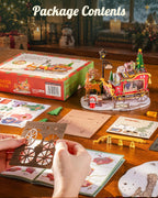 Rolife Reindeer Express DIY miniature house kit contents showing the product box, wooden assembly boards, sleigh wheel components, decorative pieces and illustrated instructions