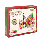 Rolife Reindeer Express DS059 DIY miniature house kit packaging featuring the red and gold Christmas sleigh, wooden reindeer, 209 pieces and age recommendation of 14+