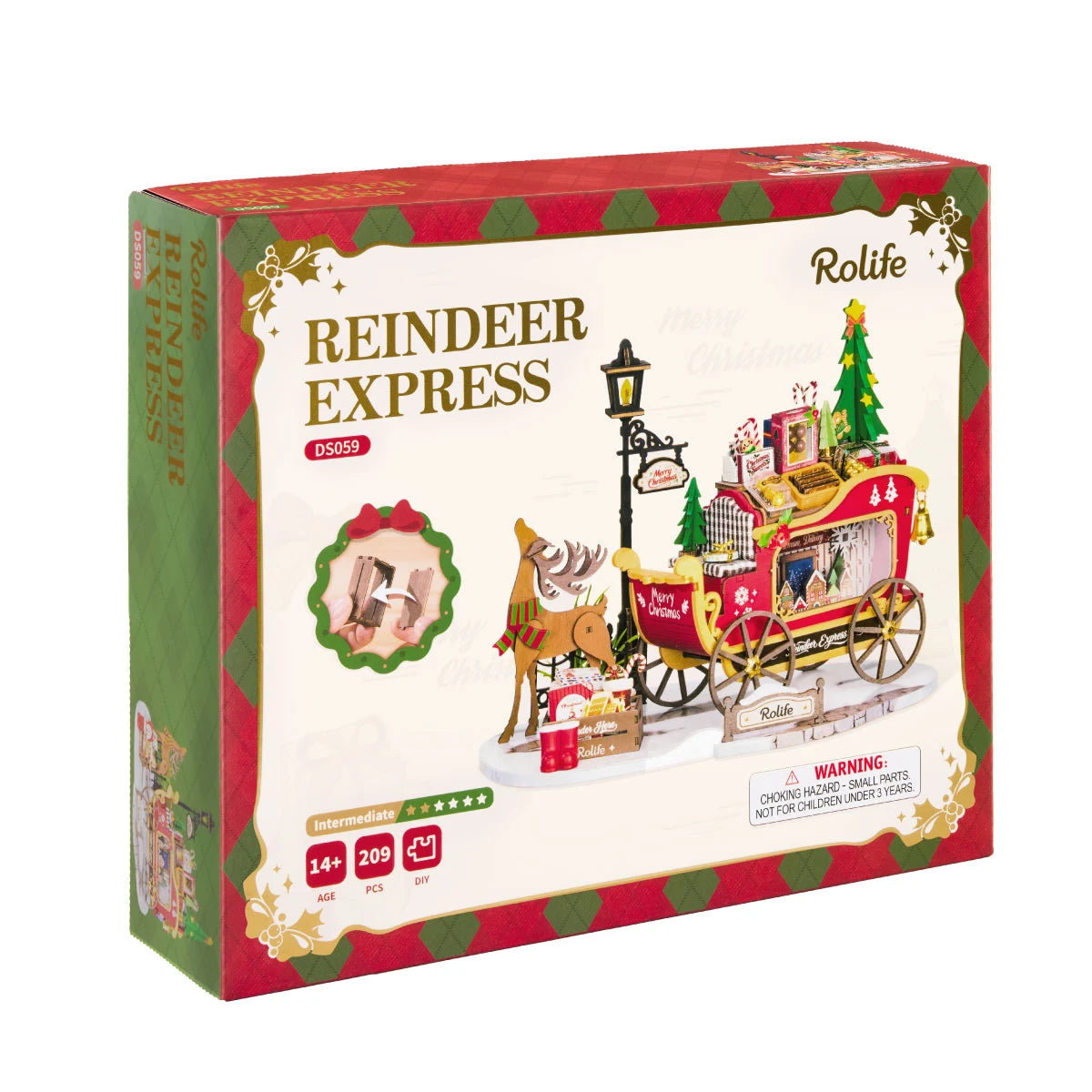 Rolife Reindeer Express DS059 DIY miniature house kit packaging featuring the red and gold Christmas sleigh, wooden reindeer, 209 pieces and age recommendation of 14+