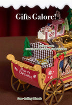 Rolife Reindeer Express close-up highlighting the red and gold sleigh, brown checked fabric seat, free-rolling wooden wheels and miniature Christmas presents