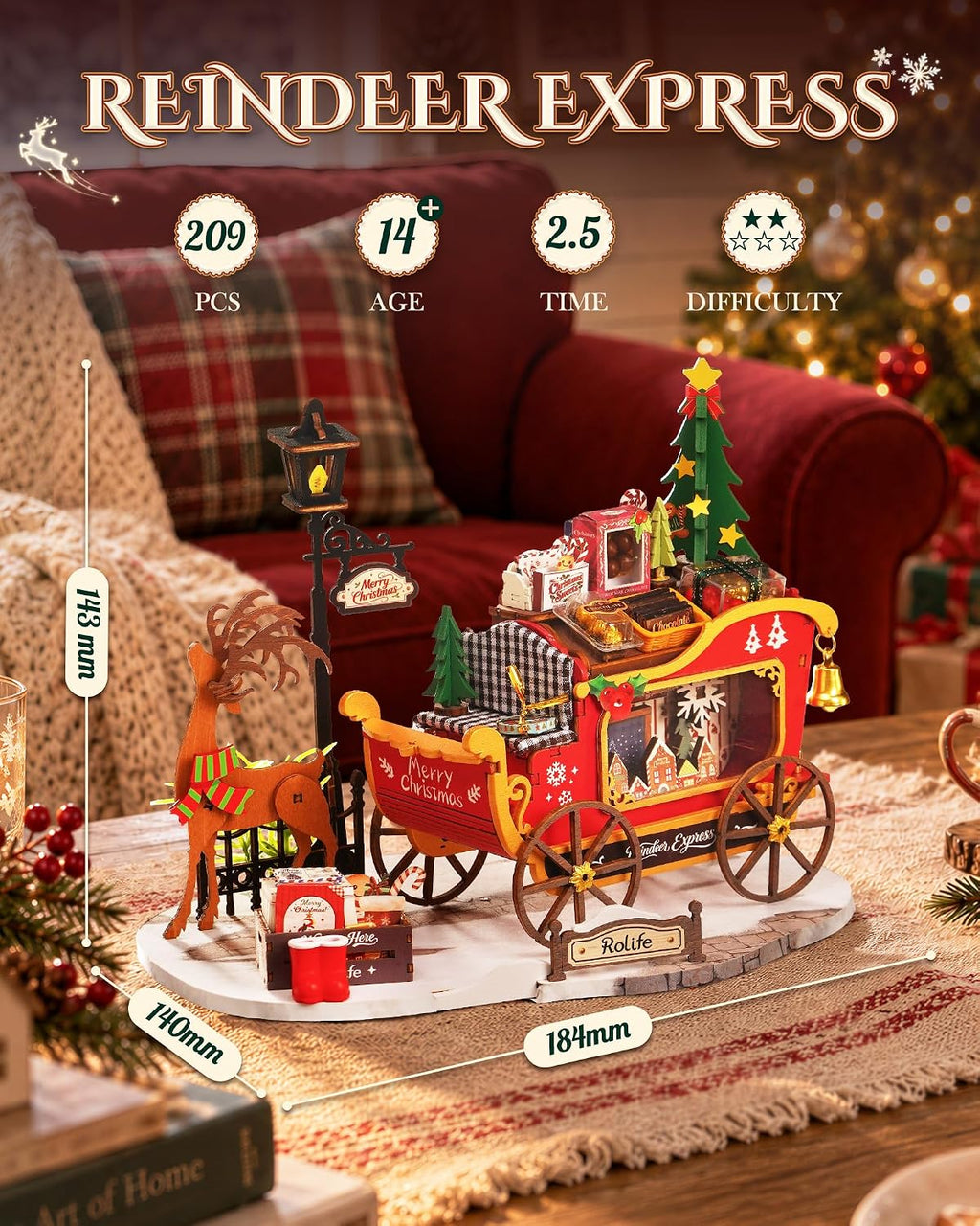 Rolife Reindeer Express miniature Christmas sleigh showing its 18.4 x 14 x 14.3 cm assembled dimensions, 209 pieces, 2.5 hour build time and age recommendation of 14+