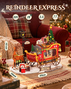 Rolife Reindeer Express miniature Christmas sleigh showing its 18.4 x 14 x 14.3 cm assembled dimensions, 209 pieces, 2.5 hour build time and age recommendation of 14+