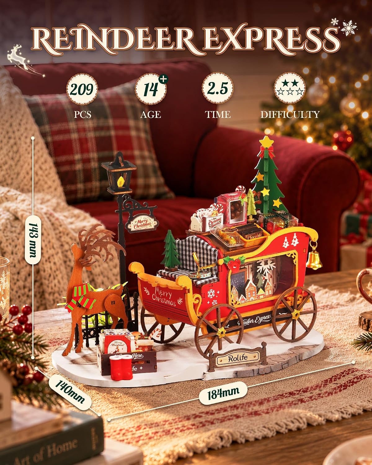 Rolife Reindeer Express miniature Christmas sleigh showing its 18.4 x 14 x 14.3 cm assembled dimensions, 209 pieces, 2.5 hour build time and age recommendation of 14+