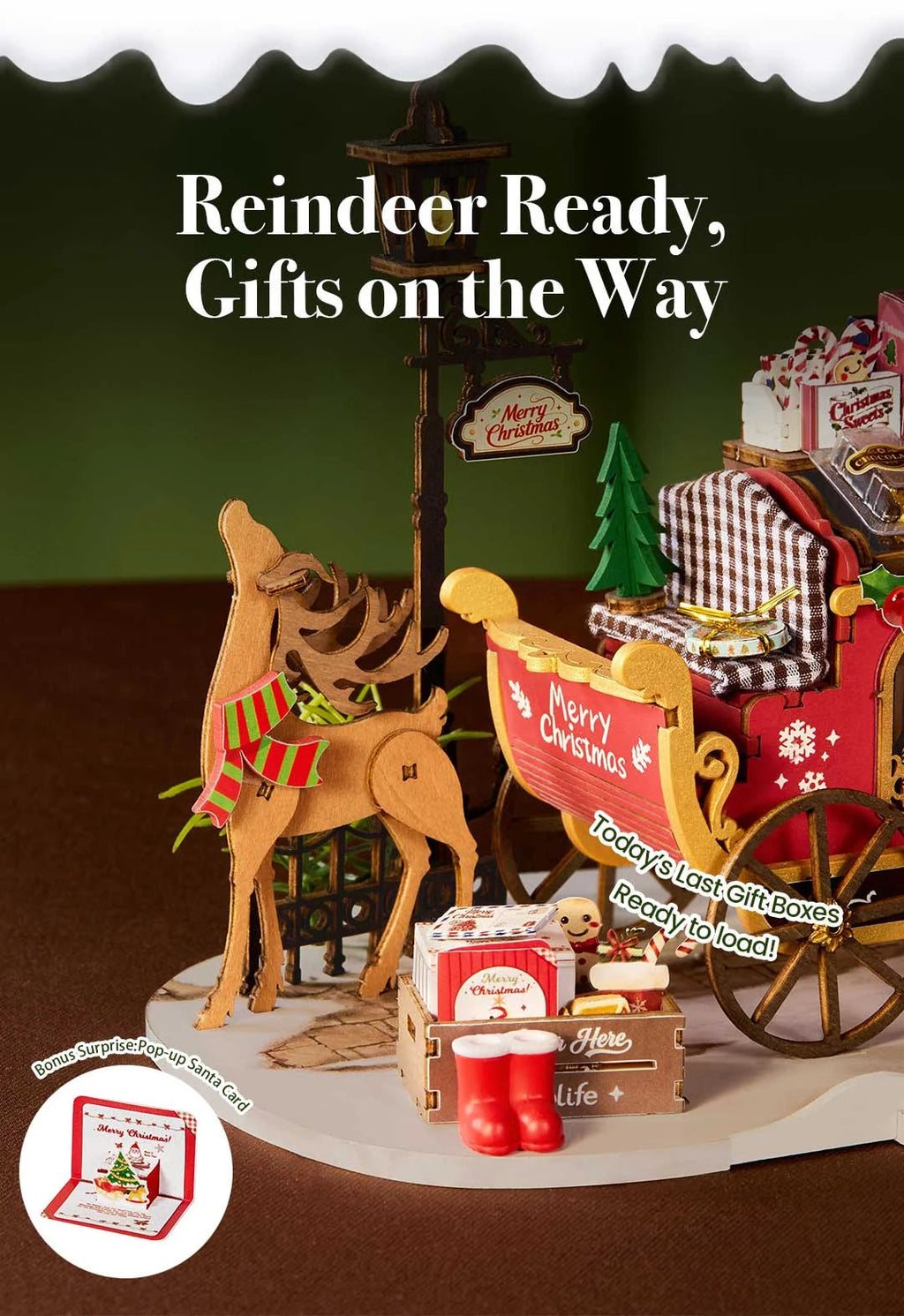 Rolife Reindeer Express miniature wooden reindeer, Christmas lamp post, gift boxes, red boots and festive sleigh accessories on a snowy display base