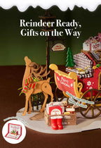 Rolife Reindeer Express miniature wooden reindeer, Christmas lamp post, gift boxes, red boots and festive sleigh accessories on a snowy display base