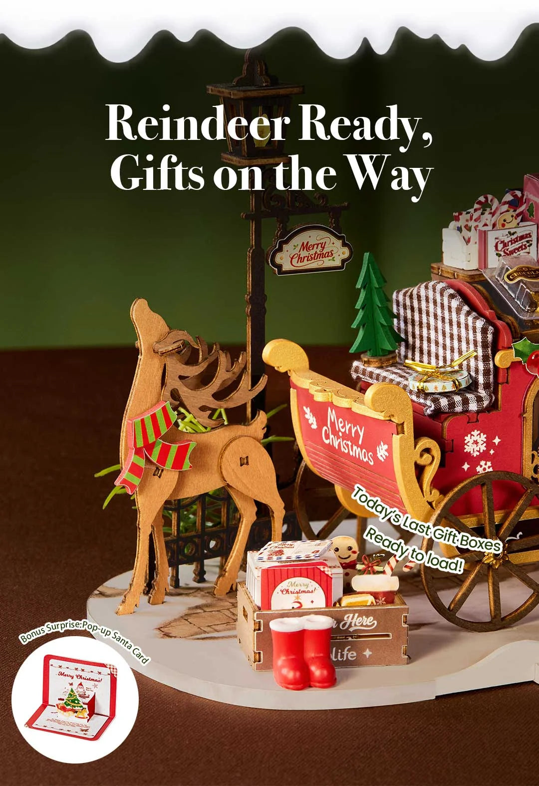 Rolife Reindeer Express miniature wooden reindeer, Christmas lamp post, gift boxes, red boots and festive sleigh accessories on a snowy display base