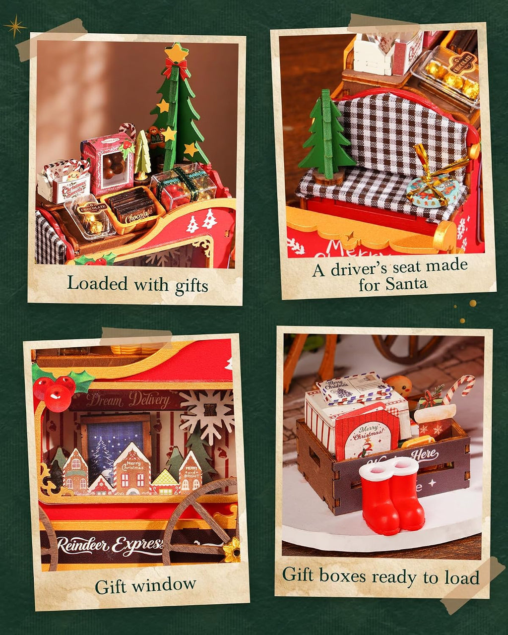 Rolife Reindeer Express miniature details including gift-filled sleigh, fabric driver's seat, village display window and wooden crate of Christmas presents