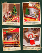 Rolife Reindeer Express miniature details including gift-filled sleigh, fabric driver's seat, village display window and wooden crate of Christmas presents