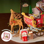 Rolife Reindeer Express wooden reindeer wearing a red and green scarf beside the Christmas sleigh, gift crate, red boots and festive accessories