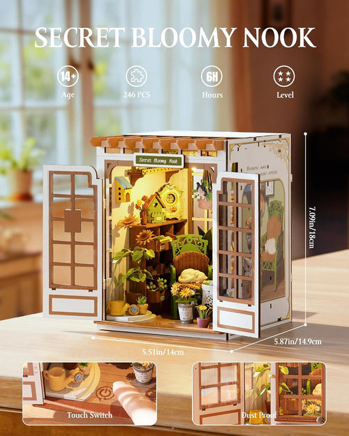 Rolife Secret Bloomy Nook DIY book nook with 246 pieces, 6-hour assembly time and 14 x 14.9 x 18 cm finished size