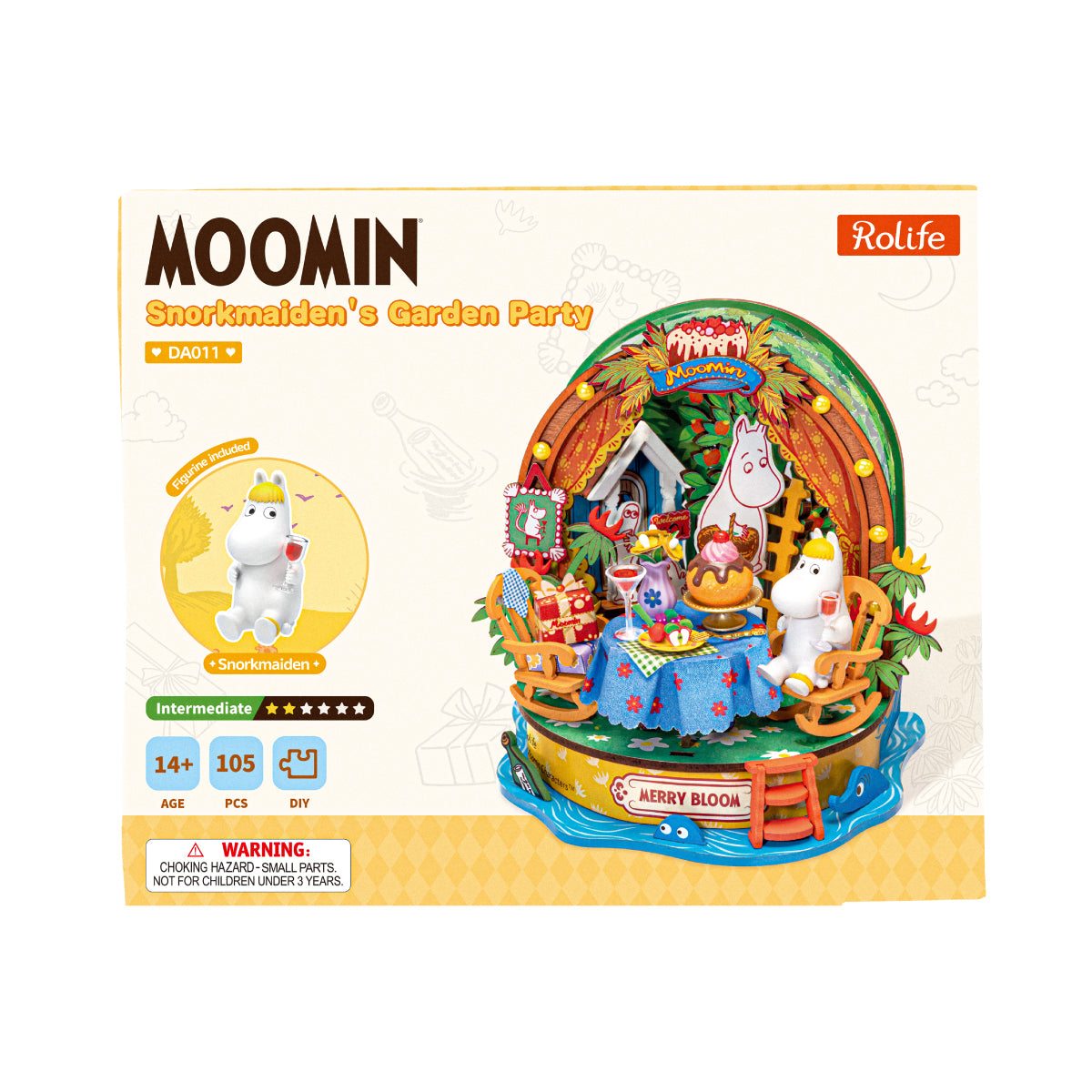 Rolife Moomin Snorkmaiden's Garden Party DA011 DIY miniature house kit box featuring the finished garden party scene and Snorkmaiden figure