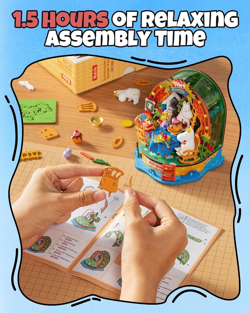 Rolife Snorkmaiden's Garden Party DIY miniature house being assembled with small components, illustrated instructions and the completed Moomin scene