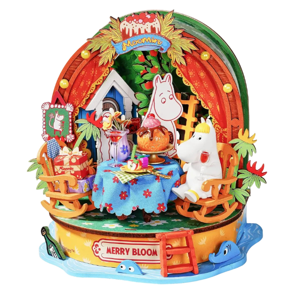 Rolife Snorkmaiden's Garden Party DIY miniature house kit featuring Moomin characters, a colourful garden party table, flowers and miniature treats
