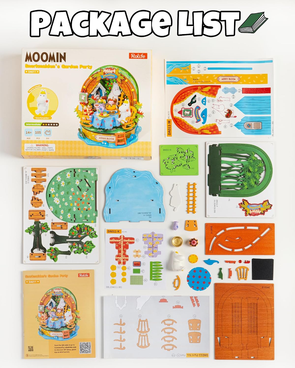 Rolife Snorkmaiden's Garden Party DA011 kit contents with pre-cut sheets, miniature furniture, character pieces, decorative accessories and product packaging