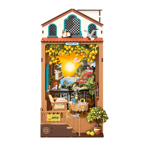 Rolife Sunset Isle DIY book nook kit with Mediterranean seaside village, sunset view, lemon trees, cat and coastal terrace