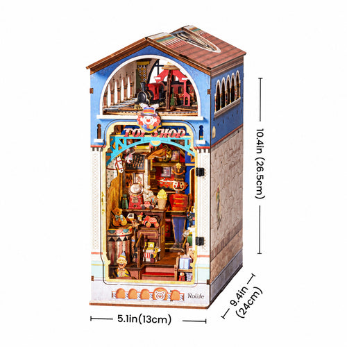 Rolife Treasure Toy Shop book nook kit with 13 x 24 x 26.5 cm finished dimensions