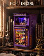 Rolife Whisper Magic Shop miniature book nook displayed on a bookshelf with magical decor and warm lighting