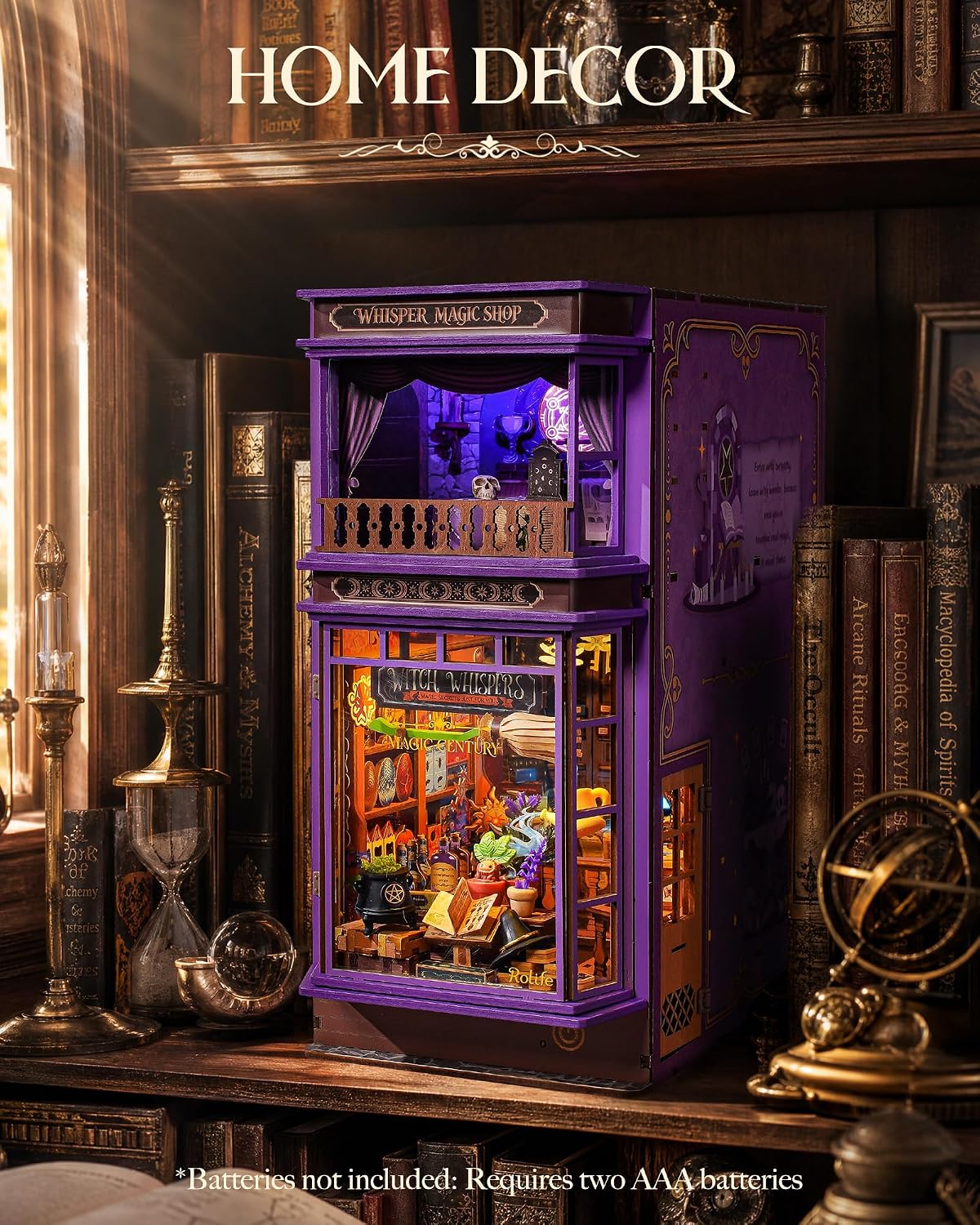 Rolife Whisper Magic Shop miniature book nook displayed on a bookshelf with magical decor and warm lighting
