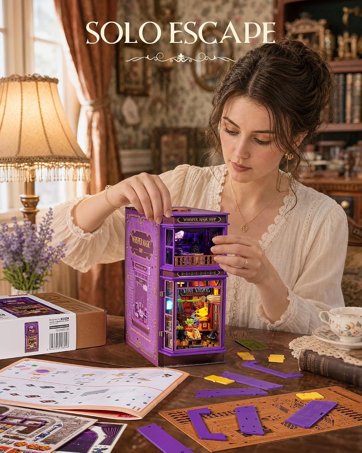 Building the Rolife Whisper Magic Shop DIY book nook kit with miniature parts, purple panels and assembly materials