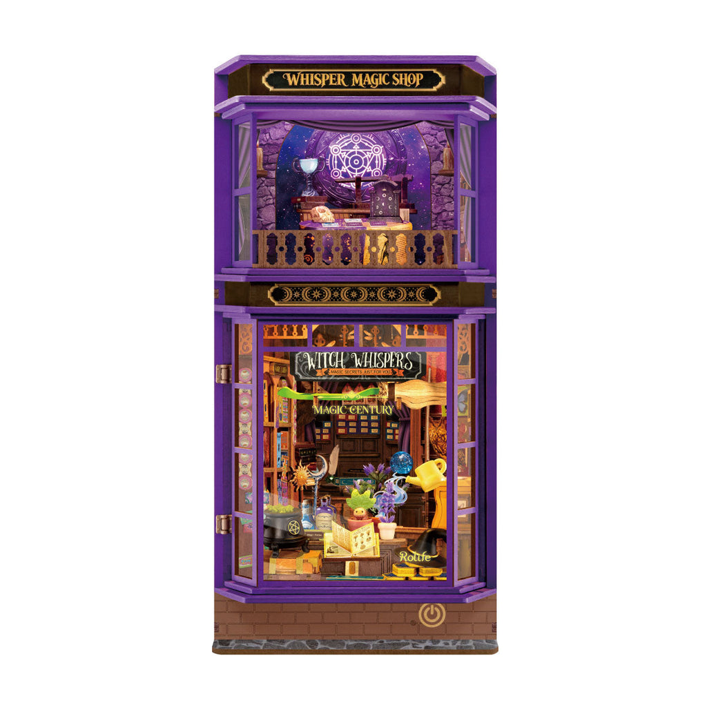 Rolife Whisper Magic Shop DIY book nook kit with purple magical apothecary, spellbooks, potions and fantasy details
