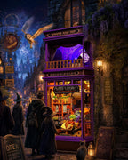 Rolife Whisper Magic Shop fantasy book nook displayed in a magical night street scene with glowing apothecary details