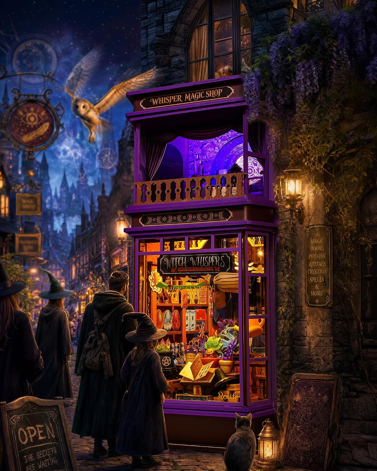 Rolife Whisper Magic Shop fantasy book nook displayed in a magical night street scene with glowing apothecary details