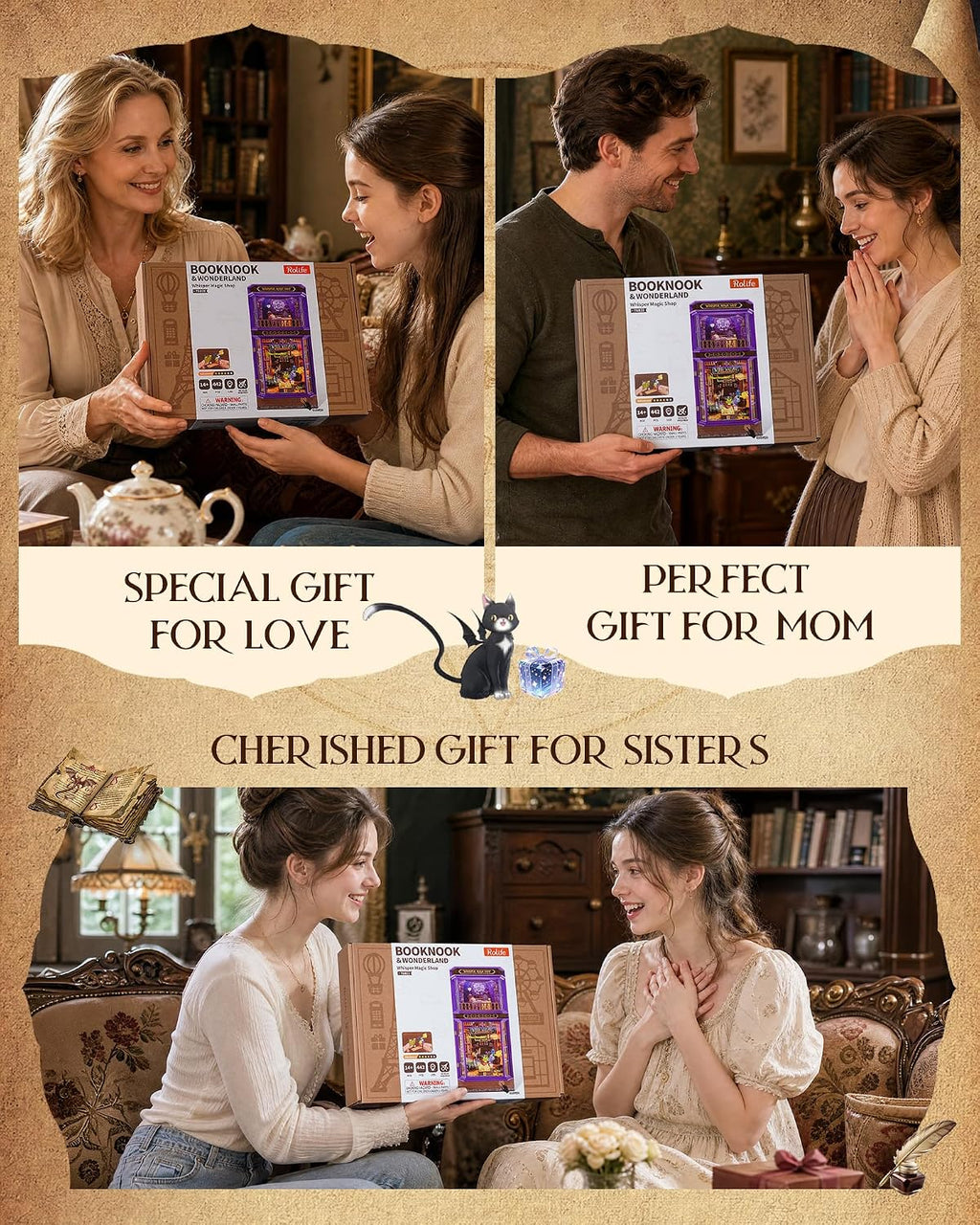 Rolife Whisper Magic Shop DIY book nook kit presented as a creative gift for family, friends and fantasy lovers